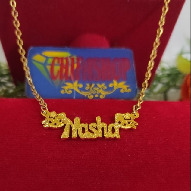 kalung liontin nama titanium hello kitty lapis emas anti karatl