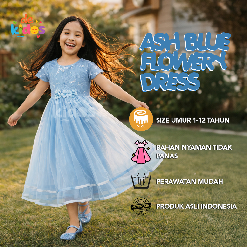 Dress Pesta Anak Ash Blue Triple Flowery Dress