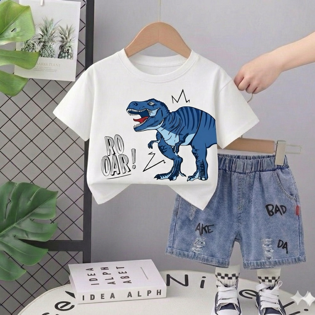 Setelan Jeans Anak Laki-laki Umur 1-5 Tahun Kaos Dinosaurus Anak Baju Anak Cowok Murah Outfit anak l