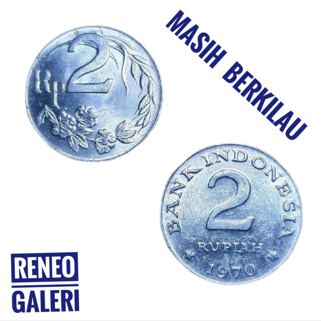 Berkilau asli Koin 2 Rupiah Tahun 1970 uang kuno duit lama original