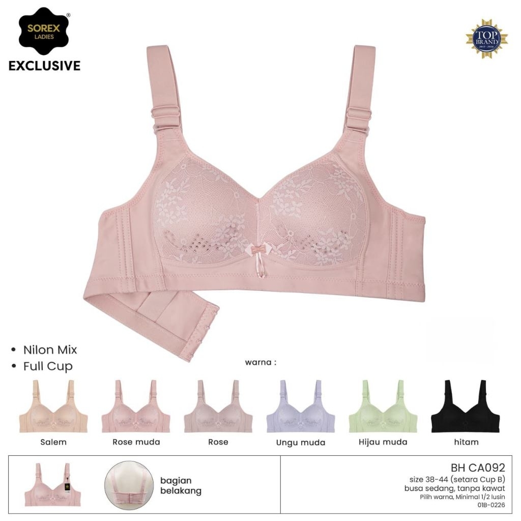 [ZDS] BH SOREX EXSCLUSIVE CA092 - CUP C KAIT 4 BUSA TIPIS TANPA KAWAT TALI BRA LEBAR 38 40 42 44