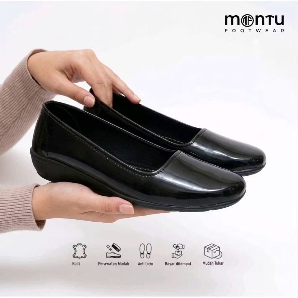 Montu Footwear - Sepatu Kerja Wanita / Sepatu Pantofel Wanita Hitam Glossy Model Tanpa Hak Flatshoes