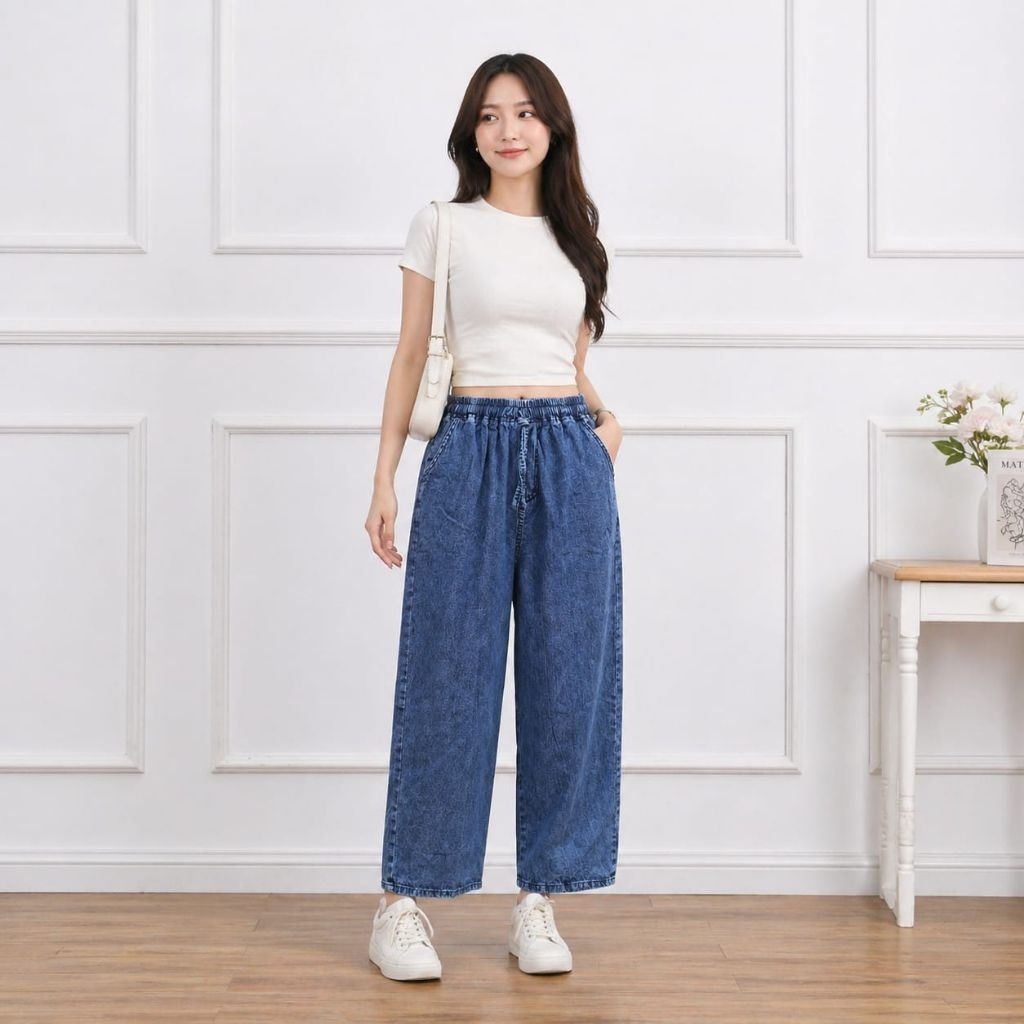 Kulot Jeans Pinggang Karet Tali Serut Wanita