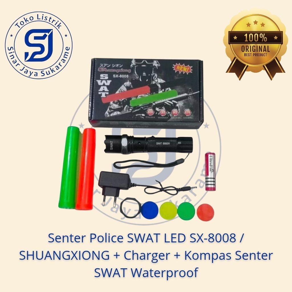 Senter Police SWAT LED SX-8008 / SHUANGXIONG + Charger + Kompas Senter SWAT Waterproof