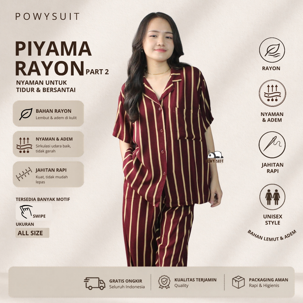 Powysuit Piyama Rayon Wanita Motif Lengan Pendek dan Setelan Celana Panjang - kualitas Tinggi Part 2