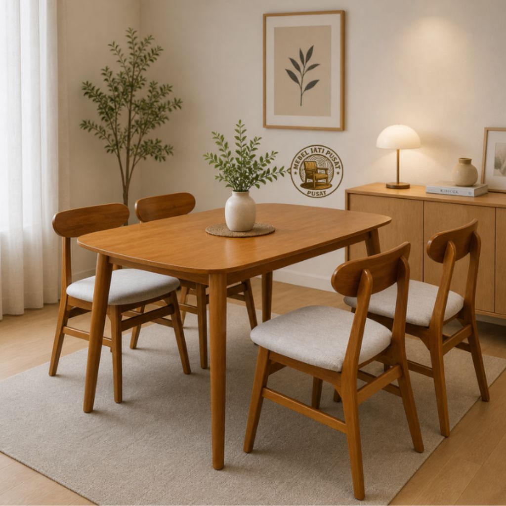 Dinning set top meja makan minimalis 4 kursi modern kayu jati - meja oval