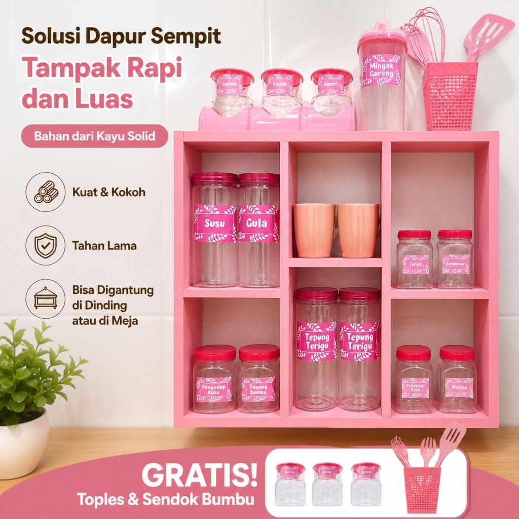 Rak Dapur Serbaguna Pink Tempat Bumbu Dapur Set Rak Gelas Rak Bumbu Dapur Susun Kayu Pink Aesthetic