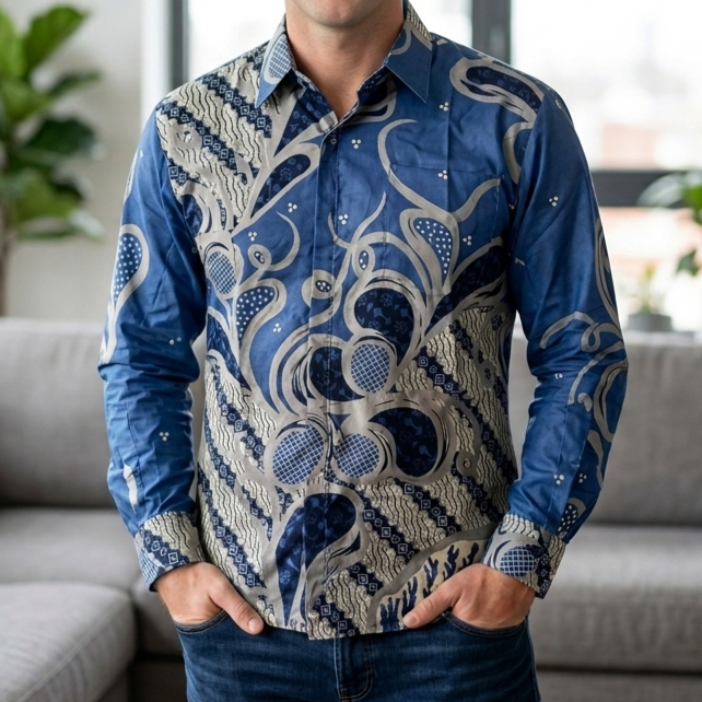 Baju Kemeja Batik Pria MULYO BIRU Dewasa Lengan Panjang Ukuran M L XL XXL Modern Elegan Batik Pria