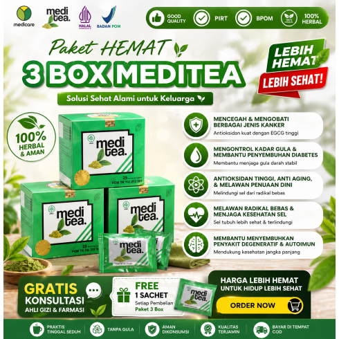 Paket HEMAT 3 Box Meditea Teh Kesehatan Original | Obat Kanker Diabetes Stroke Asam Urat Hipertensi