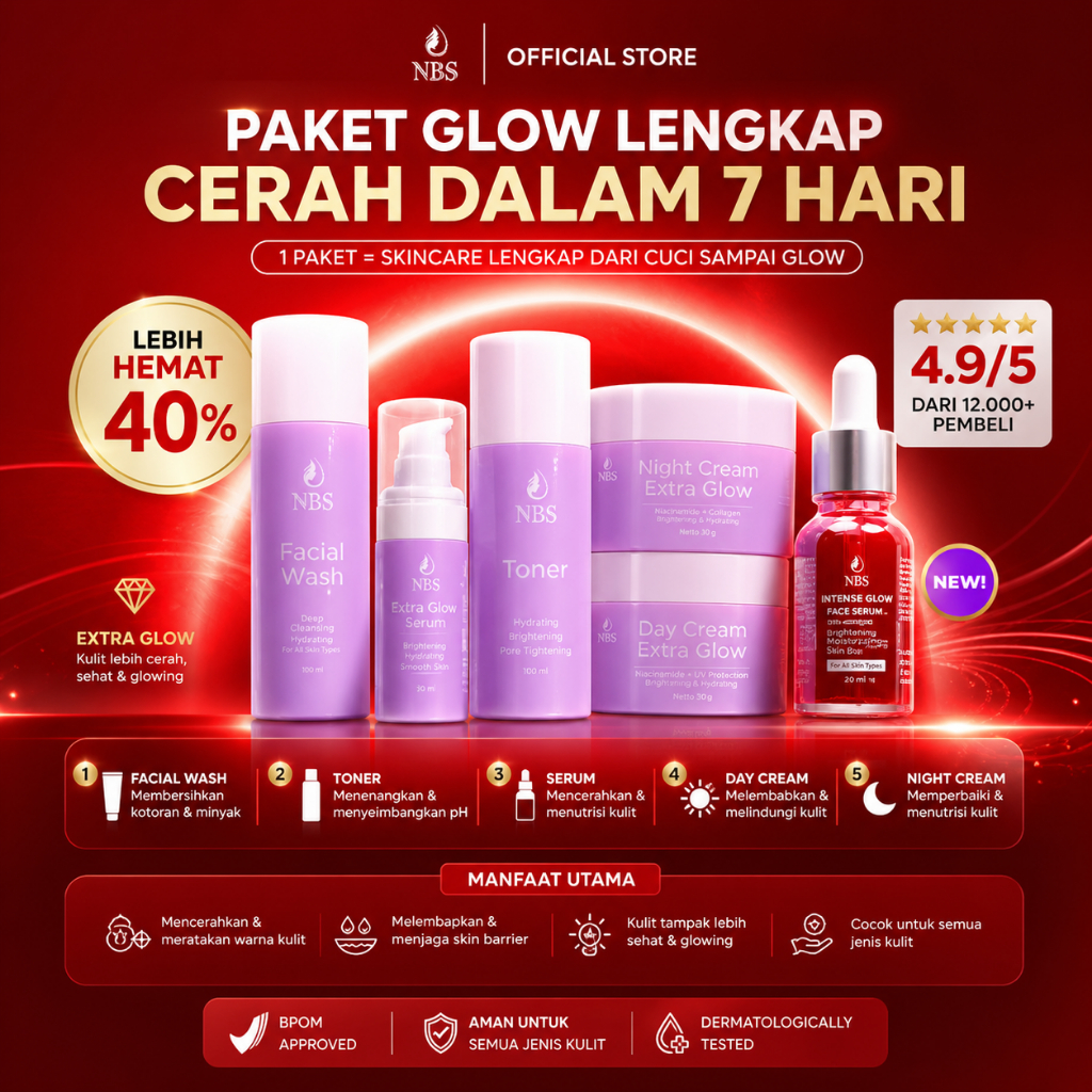 NBS Paket Extra Glow Lengkap | Facial Wash Serum Toner Day Cream Night Cream Original BPOM