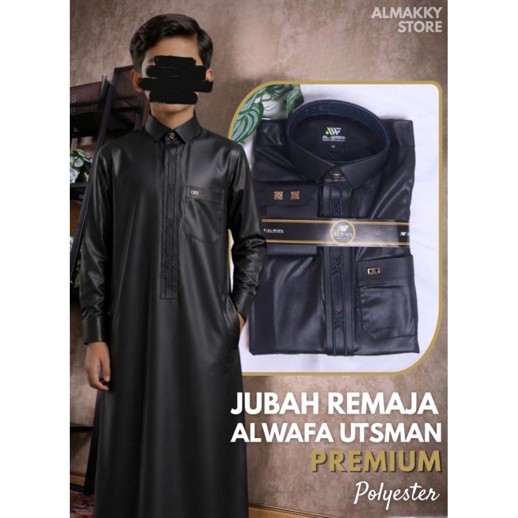 JUBAH ALWAFA POLYESTER UTSMAN - Gamis Pria Premium Al Wafa Polyester Bordir Hitam Minimalis Almakky
