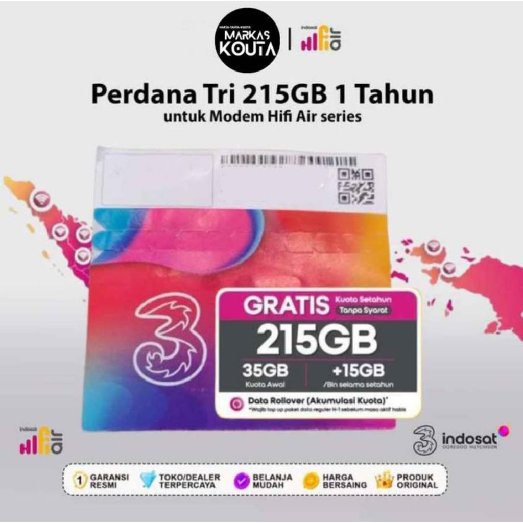 Kartu Perdana Tri Modem 215GB Setahun