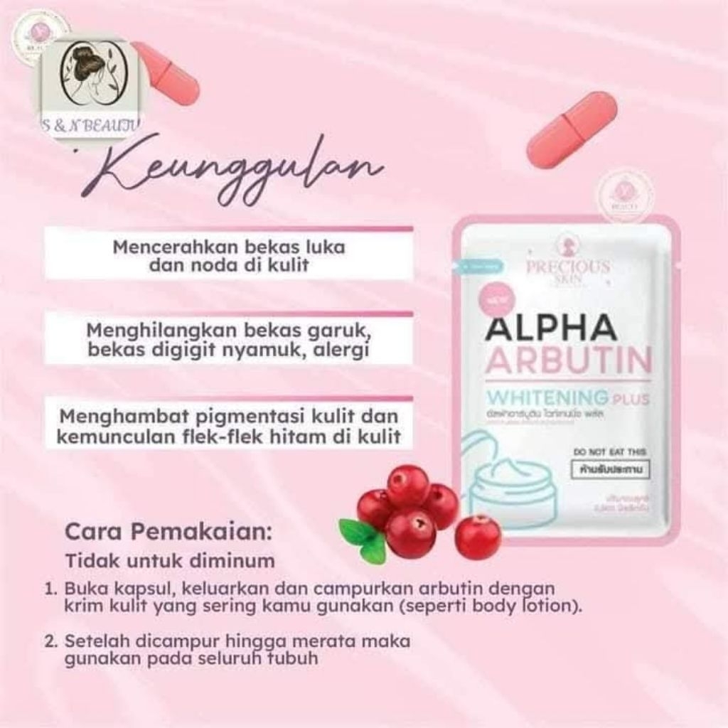 Precious Skin Alpha Arbutin Thailand Original Whitening Plus - Bubuk Lotion Pemutih Kulit 10 Kapsul