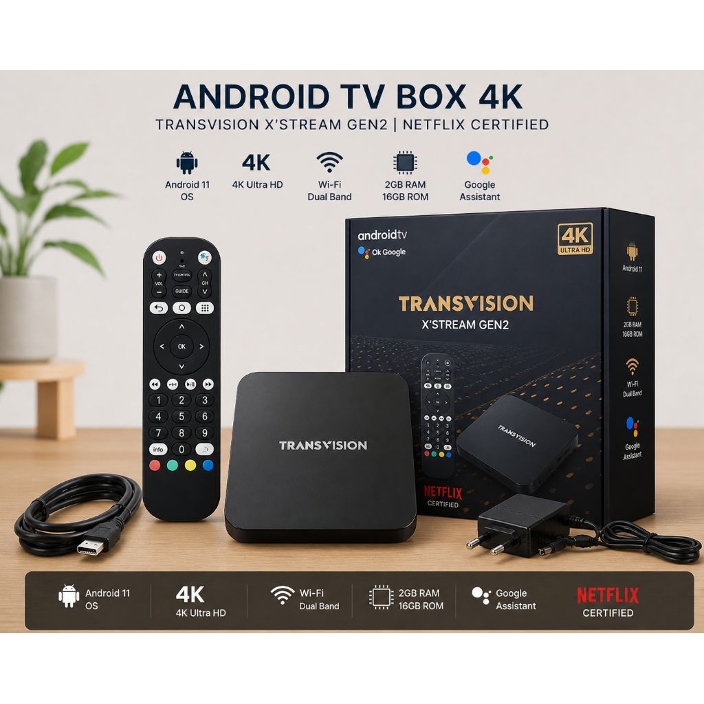 Android Tv Box 4K RAM 2GB, Transvision X'tream Gen2 Netflix Certified
