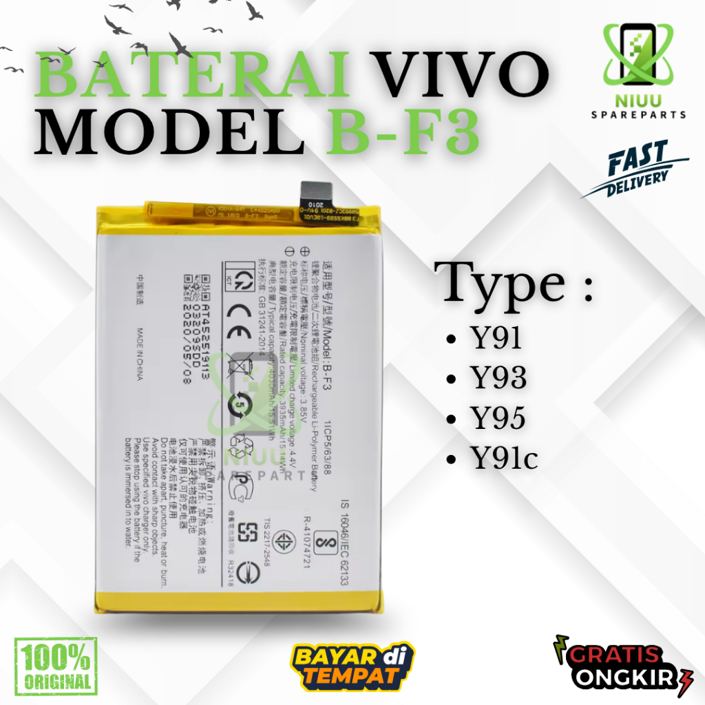 BATERAI BATTERY B-F3 VIVO Y91 / Y93 1814 / Y95 / Y91C 1820 / Y1S DOUBLE [IC POWER] ORIGINAL