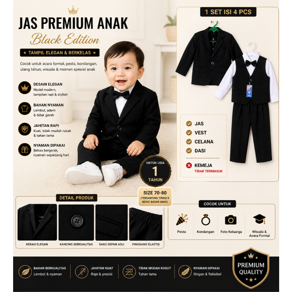 Setelan Jas Anak Laki HITAM Usia 1 2 Tahun Premium 8in1 - Set Jas Pesta Anak Cowok Berdasi Tuxedo LE