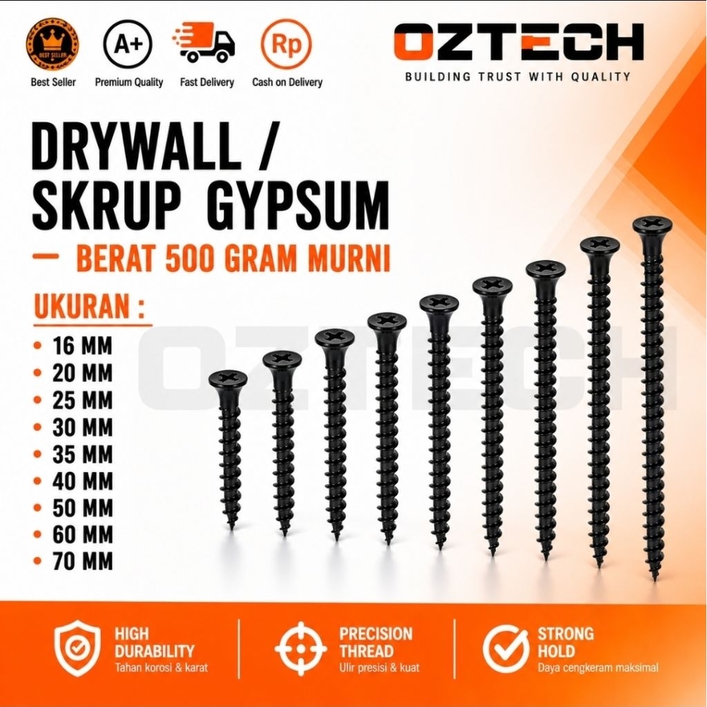 OZTECH Sekrup Gypsum Drywall Screw Hitam Baja Ringan Kalsiboard GRC 500 Gram