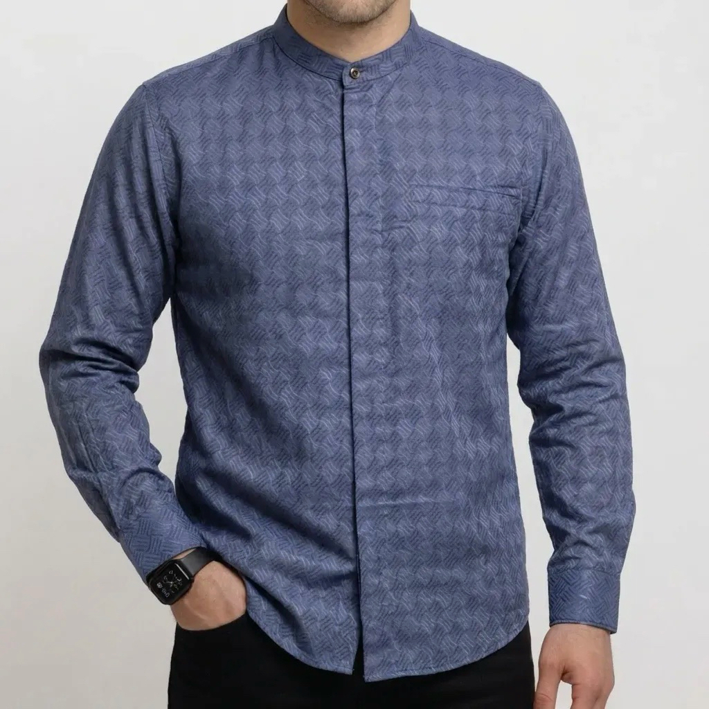 Baju Kemeja Koko Pria Lengan Panjang Kemko Dewasa Motif Polos Katun Premium Hitam Putih Coksu Biru P