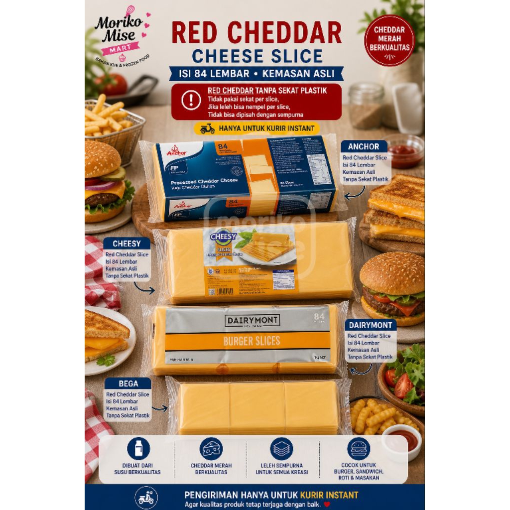 84 lembar [ RED CHEDDAR SLICE ] 1 kg [ ANCHOR ] slice colour [ CHEESY ] easy to melt [BEGA DAIRYMONT