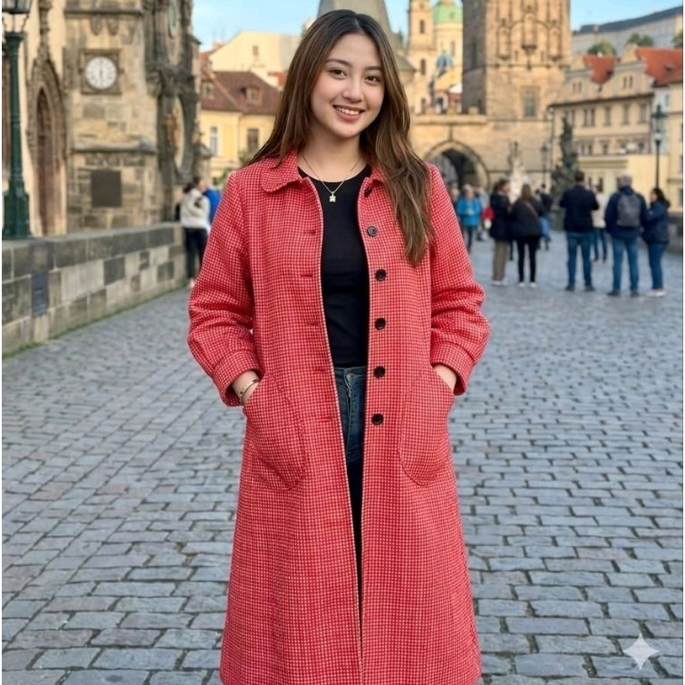 Dress Coat Tunik wool tebal motif, Spring, Lengan balon
