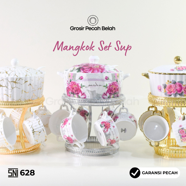 Fiorenza - Mangkok Set Sop Keramik dengan Rak Kitchenware Motif Marble Emboss Linning Gold Garden
