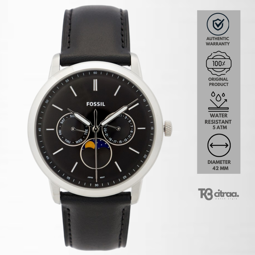 Jam Tangan Pria Fossil Neutra Moonphase Chronograph Men Black Dial Black Leather Strap Casual Sporty