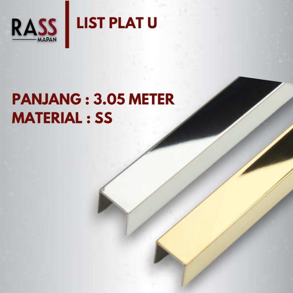 List Lis Plat Strip Model U Mirror Plat Besi Chrome Gold 3 METER