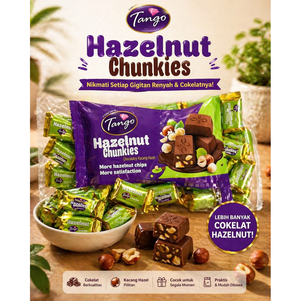 TANGO Hazelnut Chunkies Chocolate Cemilan Coklat Jajan Snack Import Permen Food Malaysia Cokelat