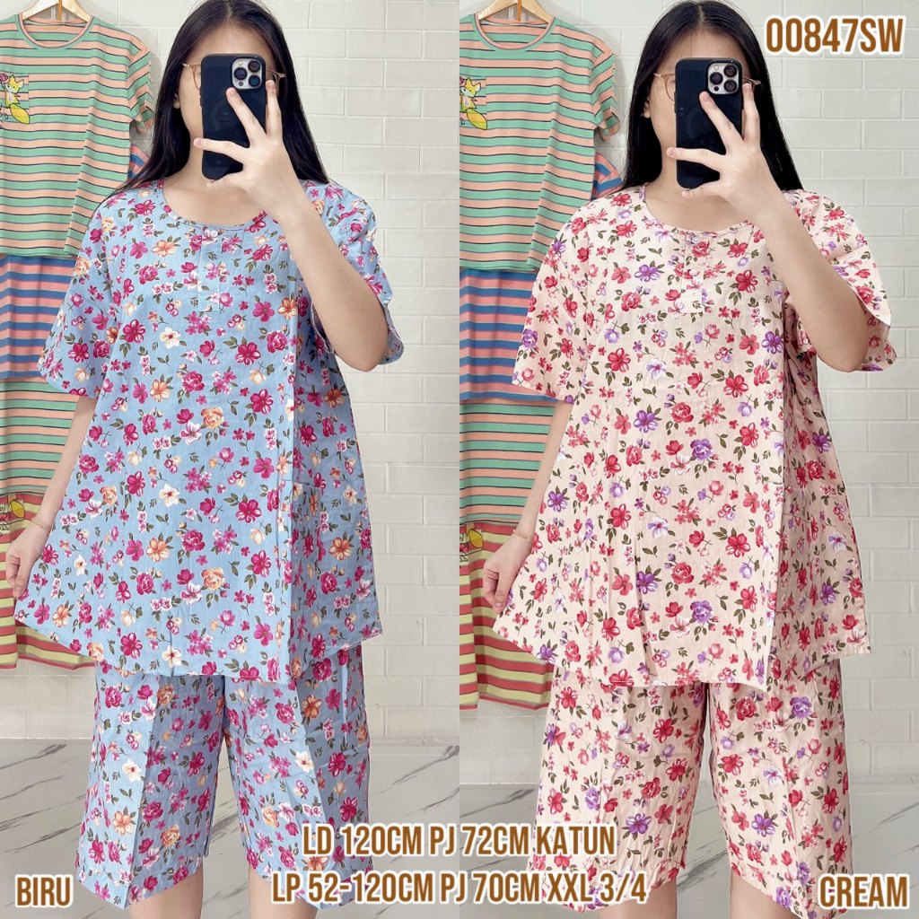 Baju Tidur Merlin BD Celana 3/4 XXL Jumbo Setelan Katun Motif karakter  - Bahan Katun Premium