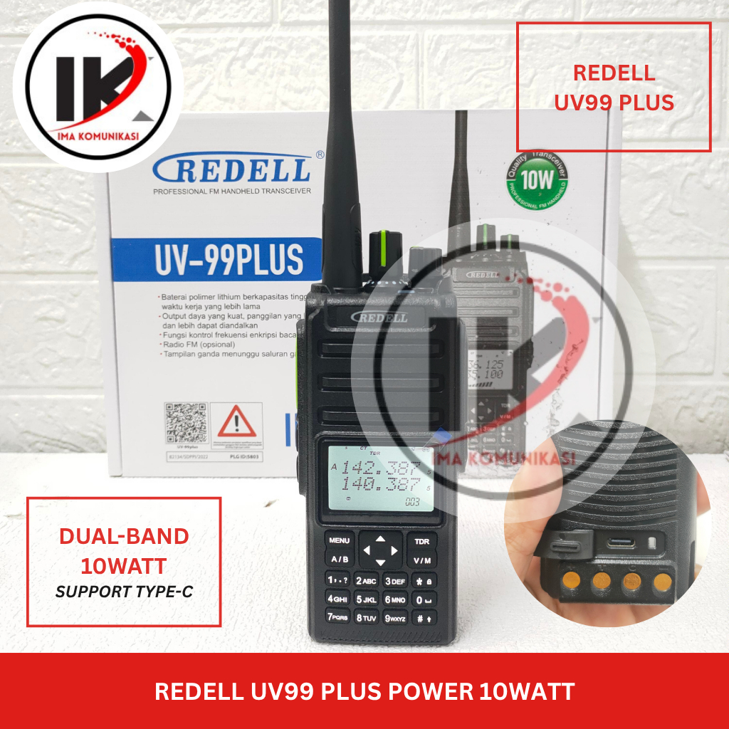 HT Redell UV 99Plus Power 10watt Jarak 15KM Anti Air dan Cas Type C HT Jangkauan jauh Dual Band