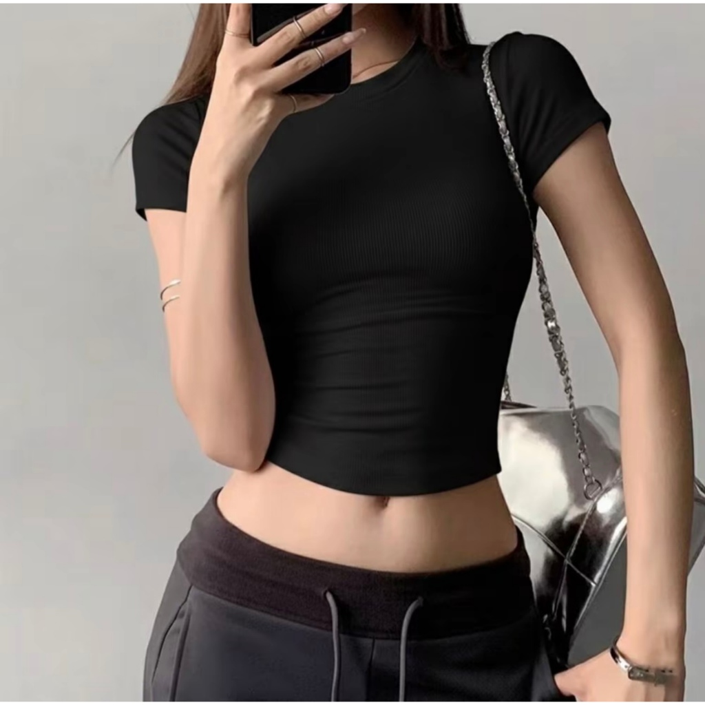 Croptop jersey korea Melar minimalis lengan pendek-Basic Stylish Nyaman Stretch