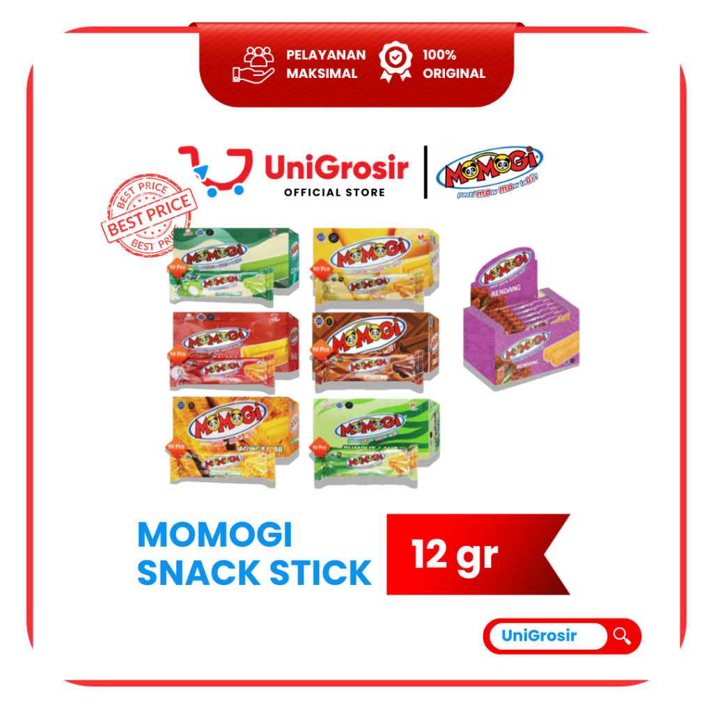 [UniGrosir] MOMOGI SNACK STICK COKLAT KEJU JAGUNG BAKAR BALADO COCOPANDAN SEAWEED BOX 10 PCS