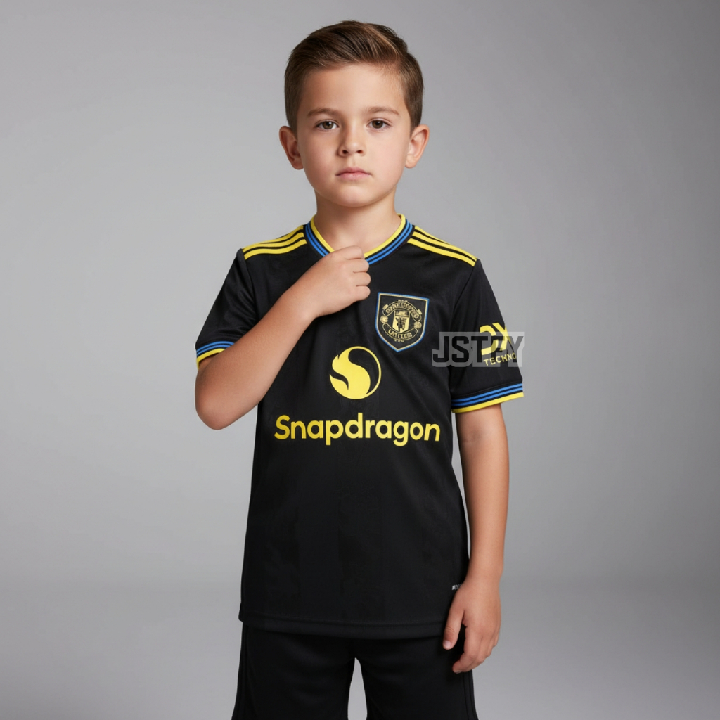 KIDS Jersey Mnchstr Untd 3rd 2025 2026 Baju Bola Warna Hitam Anak Patch Premier League Custom Namese