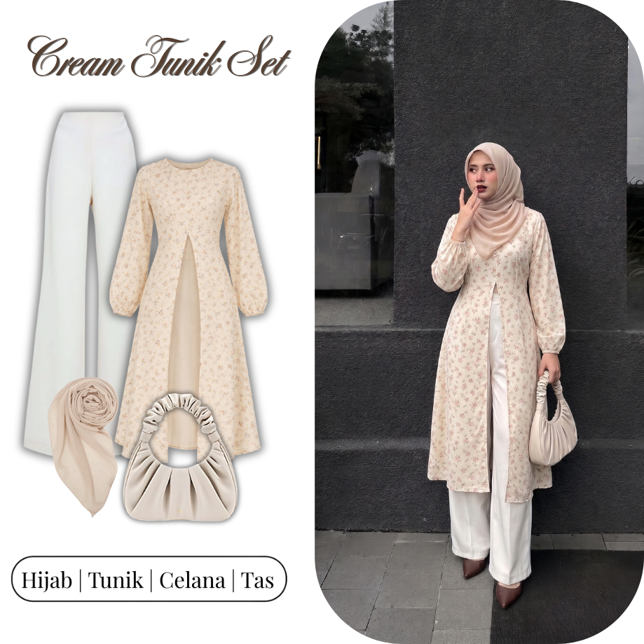 One Set 3in1 OOTD Wanita Hijab Kekinian | Hijab + Tunik + Celana + Tas | Cream Tunik Set - SW056 ala