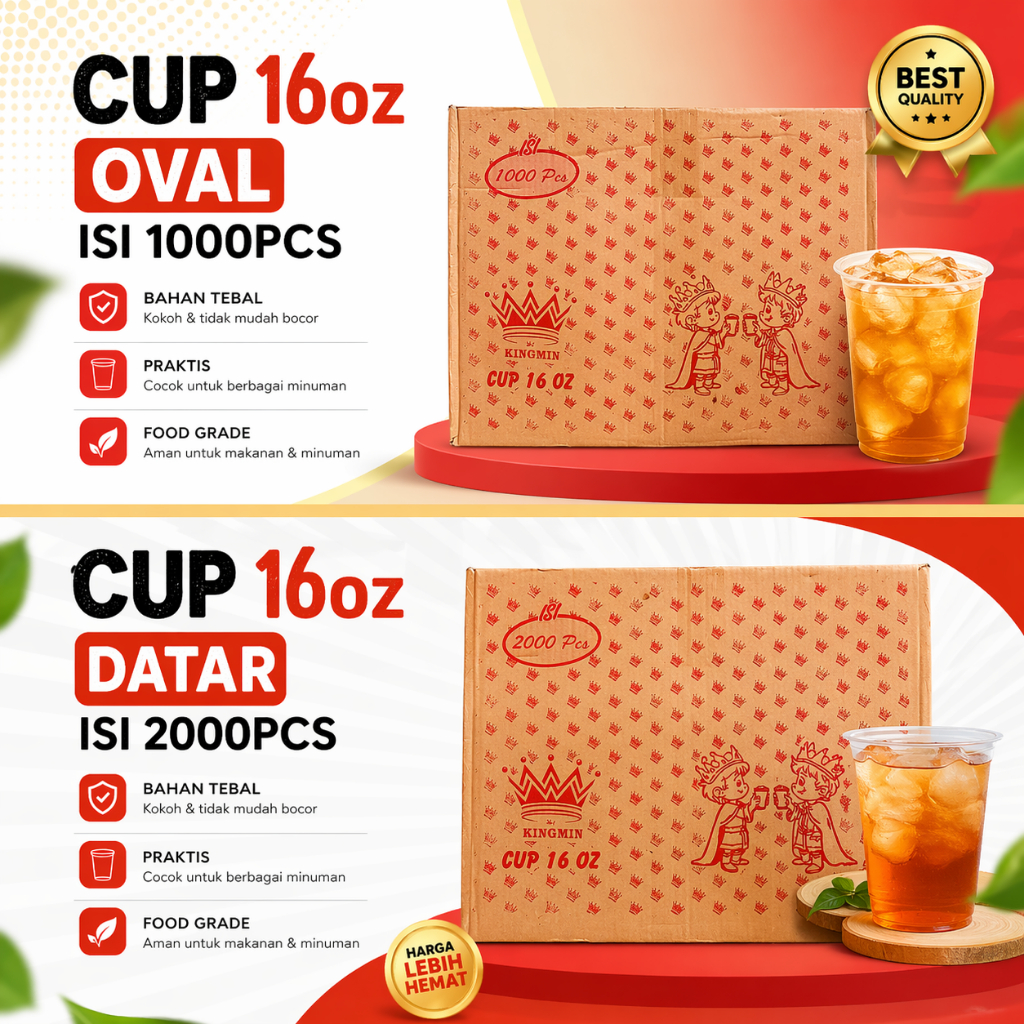 Gelas cup 16oz Datar/Oval 1dus merk (KINGMIN)