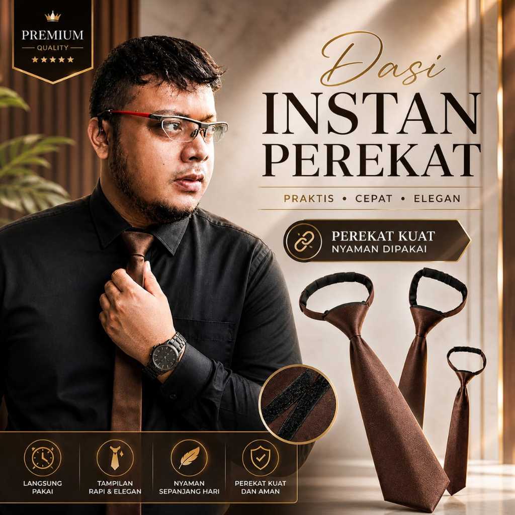 Dasi Panjang Coklat Tua Instan Pria Polos
