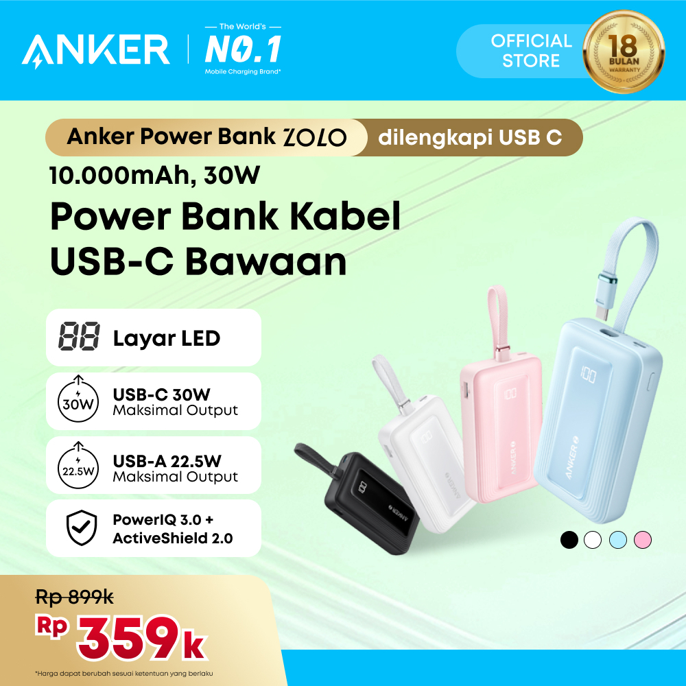 Anker Zolo Power Bank 30W 10000 20000 mAh with Type C Cable and Lightning Cable Fast Charging PD 3.0