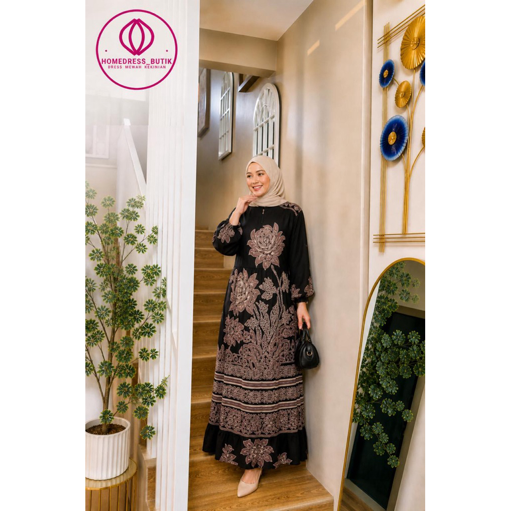 Homedress Butik - Daster Ruby Black Premium Rayon Motif Cantik Busui Friendly