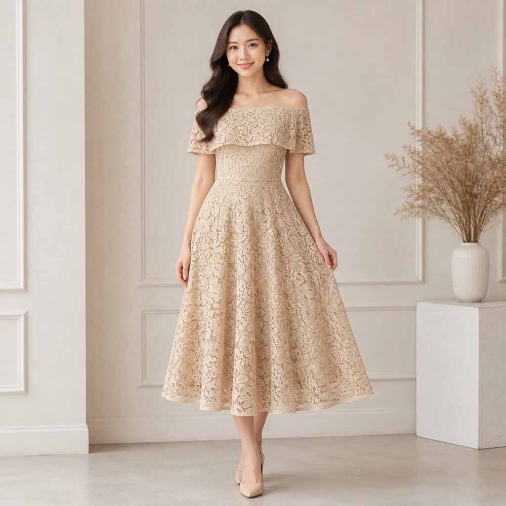 Chiobushop - Paola Midi Dress Brukat Off Shoulder/Sabrina | Party Dress | Dress Bridesmaid | Dress K