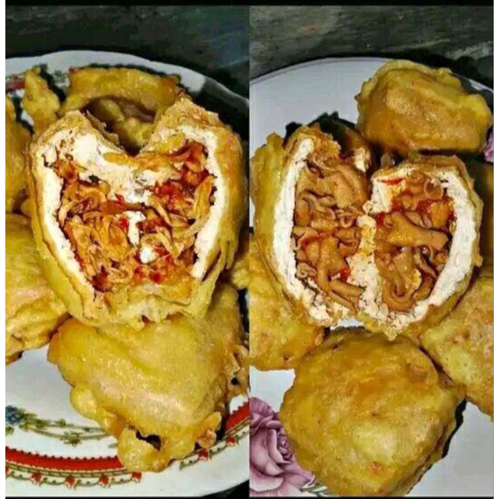 tahu isi ayam suwir, bakso pedas, usus pedas, jamur pedas 10.000 isi 4pcs