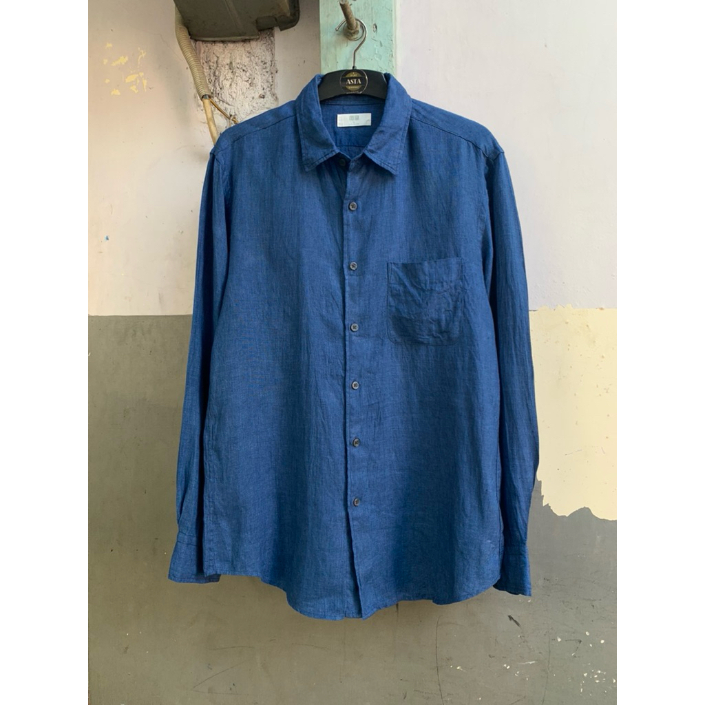 kemeja pria Uniklo linen polos lengan panjang preloved