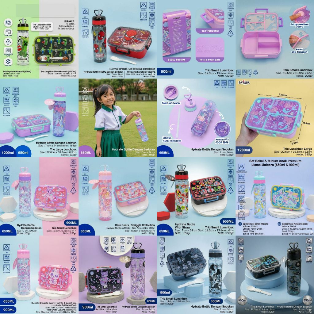 Set Kotak Bekal dan Botol Minum Anak TK dan SD Minecraft Spiderman CareBear Unicorn Marvel | Kotak M