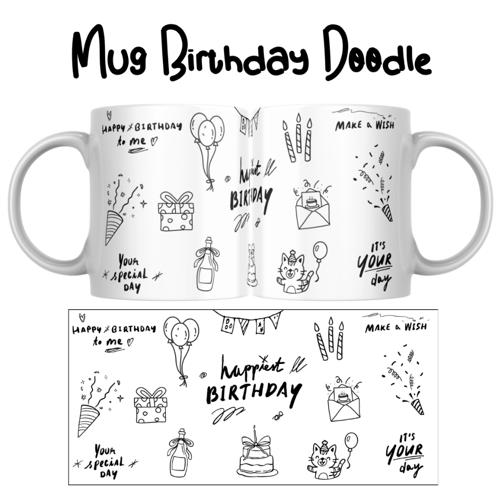 Mug Birthday Doodle / Kado Ulang Tahun / Gift Souvenir Ultah