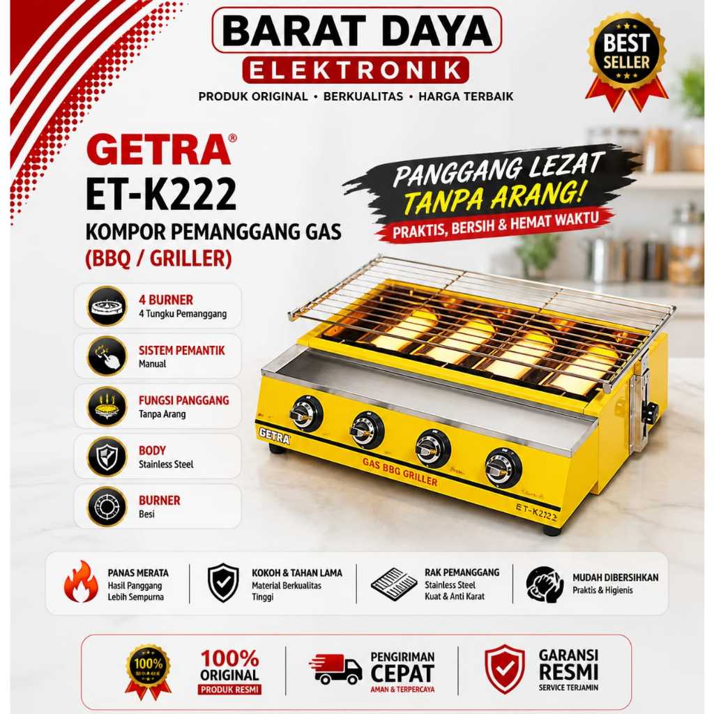 Getra Kompor Pemanggang 4 Tungku  ET-K222 Kompor Bakar Kompor Sosis 4 Tungku Pemanggang Tanpa Asap