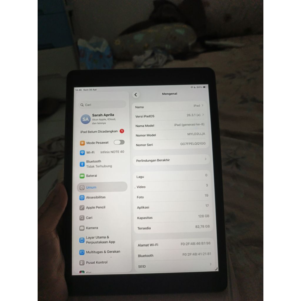 iPad gen 8 128 GB, FULL SETT, MINUS BACA DESC