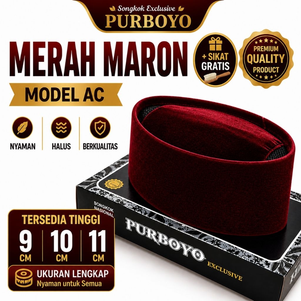 Peci Merah Maron Tinggi 9, 10, 11 - Songkok Purboyo Polos Premium