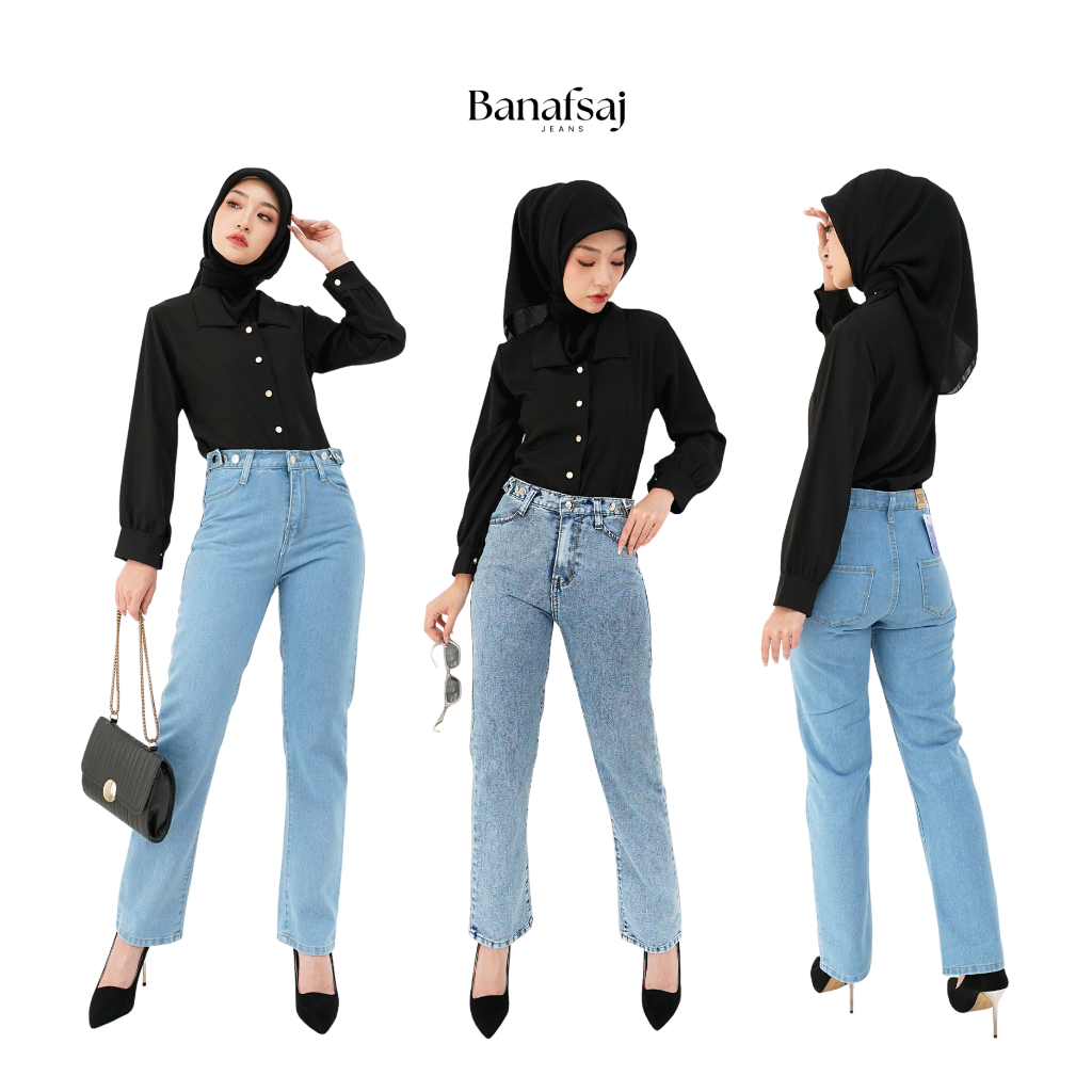 BANAFSAJ - Celana High Waist Jeans Wanita