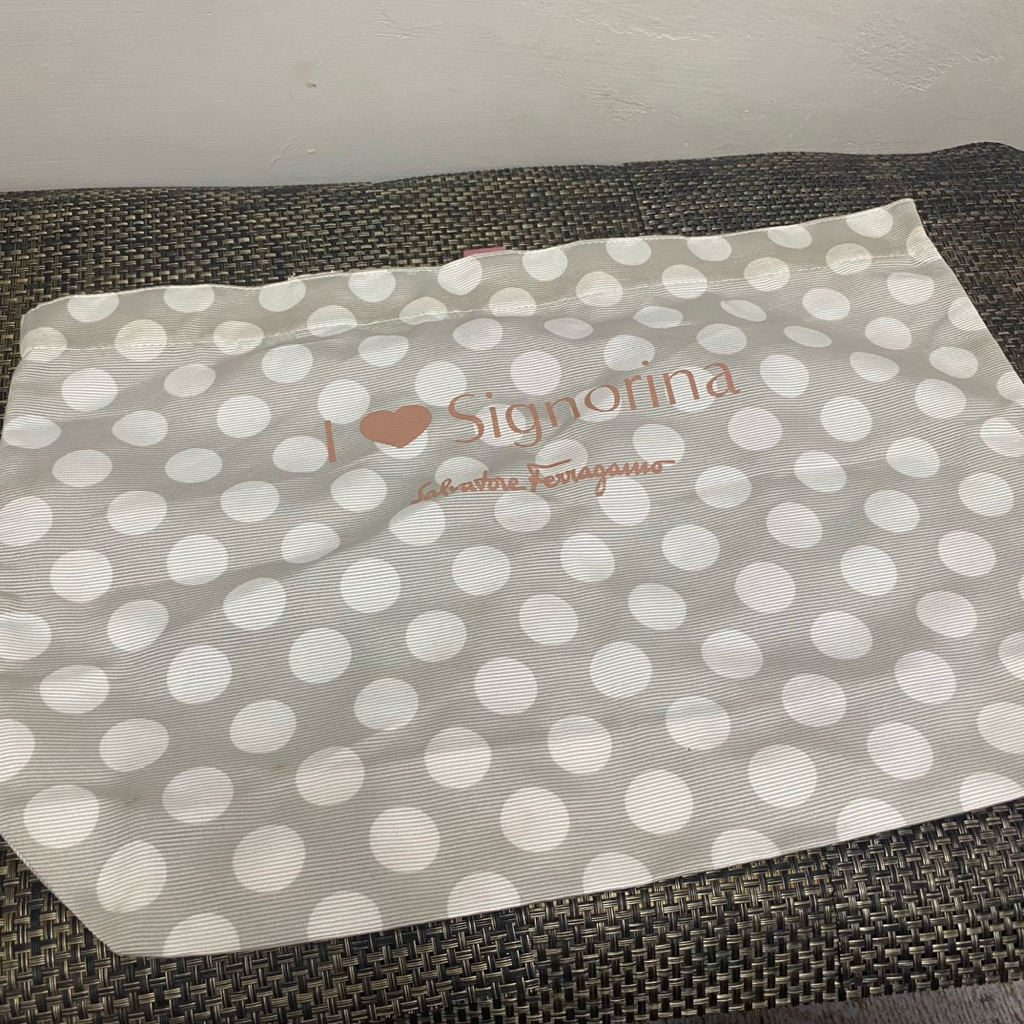 SALVATORE FERRAGAMO SIGNORINA SHOPPING BAG TOTE LIGHT GREY W WHITE SPOTS M ITALY
