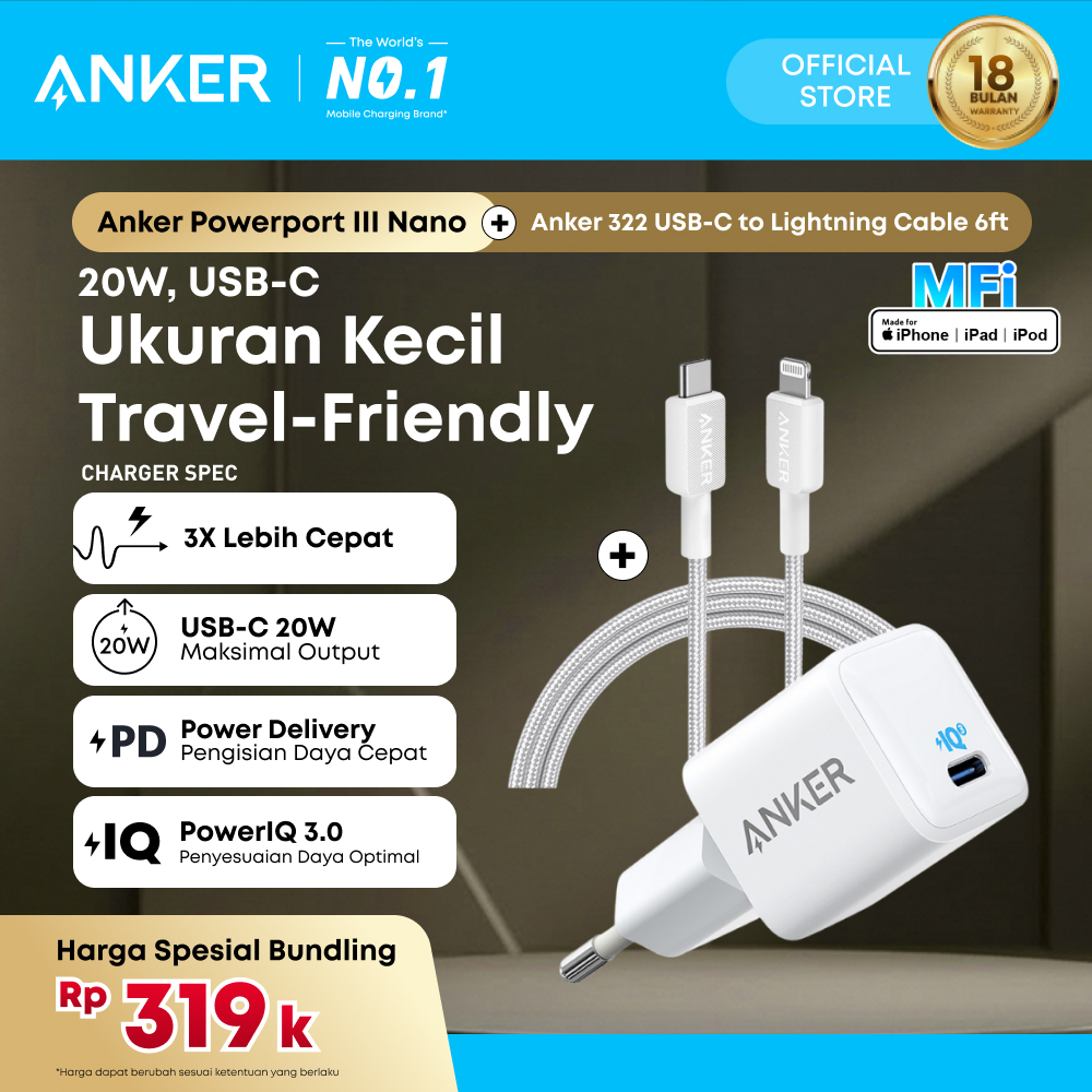 Adaptor Wall Charger 30W 20W Anker GaN Ice-cooled bundle Kabel USB Type C Lightning MFi for iPhone 1