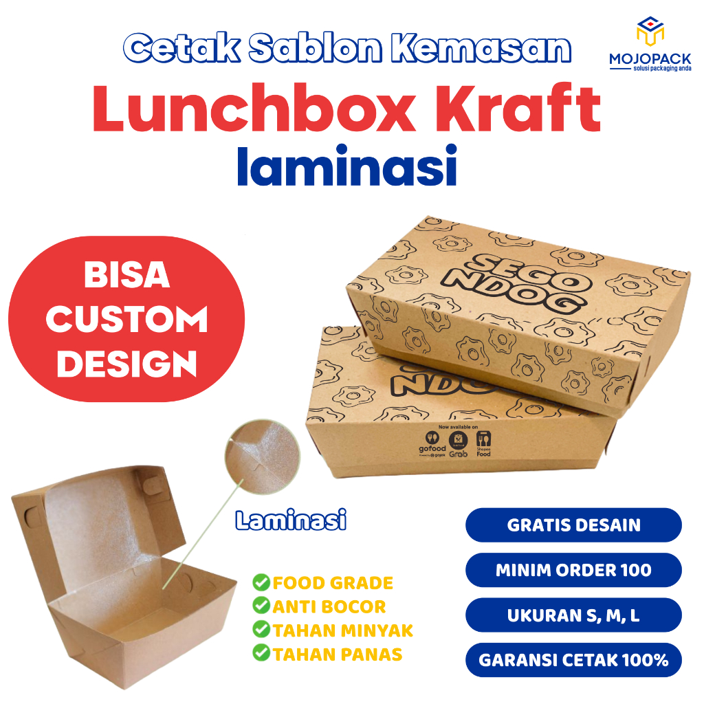 Lunch Box Kraft Coklat Laminasi ukuran S M L custom sablon Logo – Sablon Paper LunchBox Laminasi  | 
